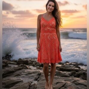 Soprano Orange Lace A-Line Dress with Sweetheart Neckline Size Large